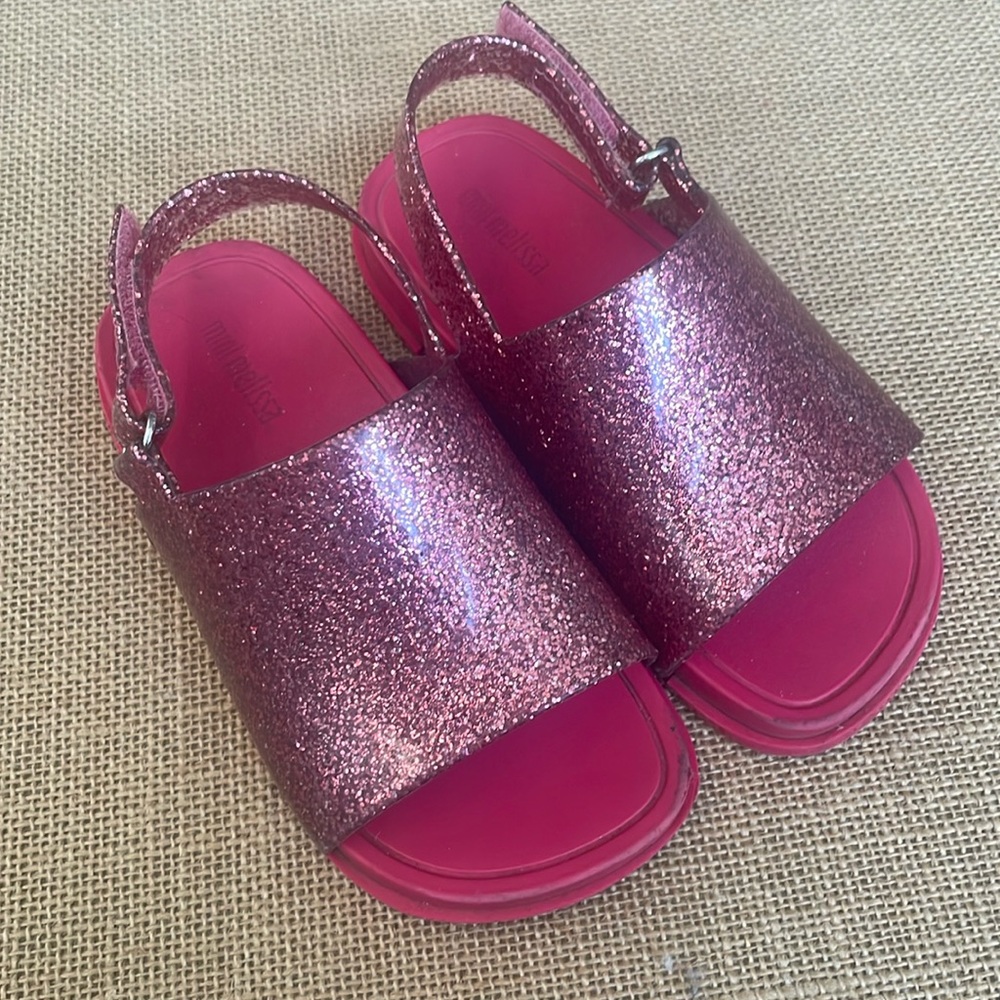 EUC MINI MELISSA Girls Pink Glitter Beach Slide Sandals